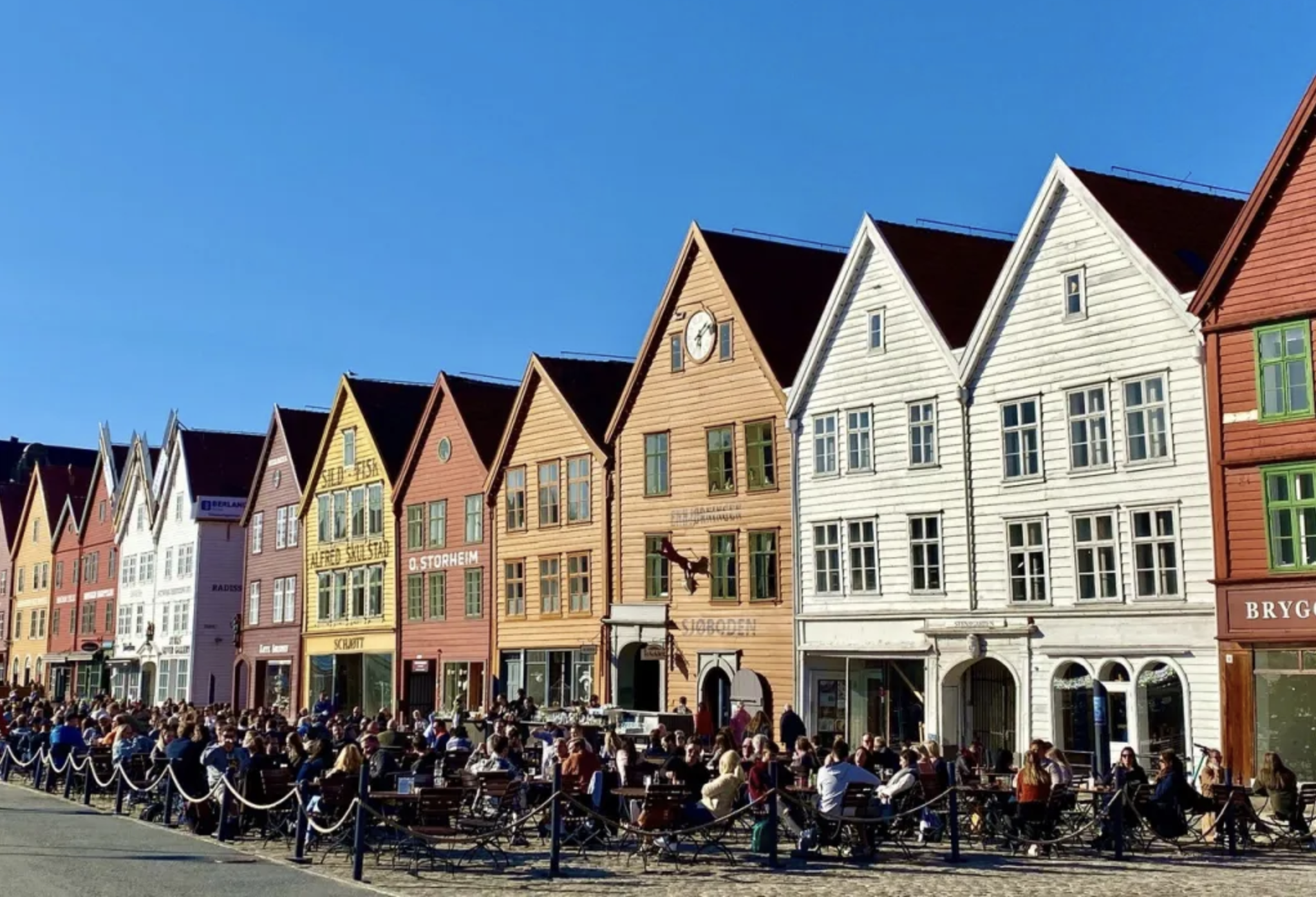 Sunny day view of Bergen city centre and waterfront